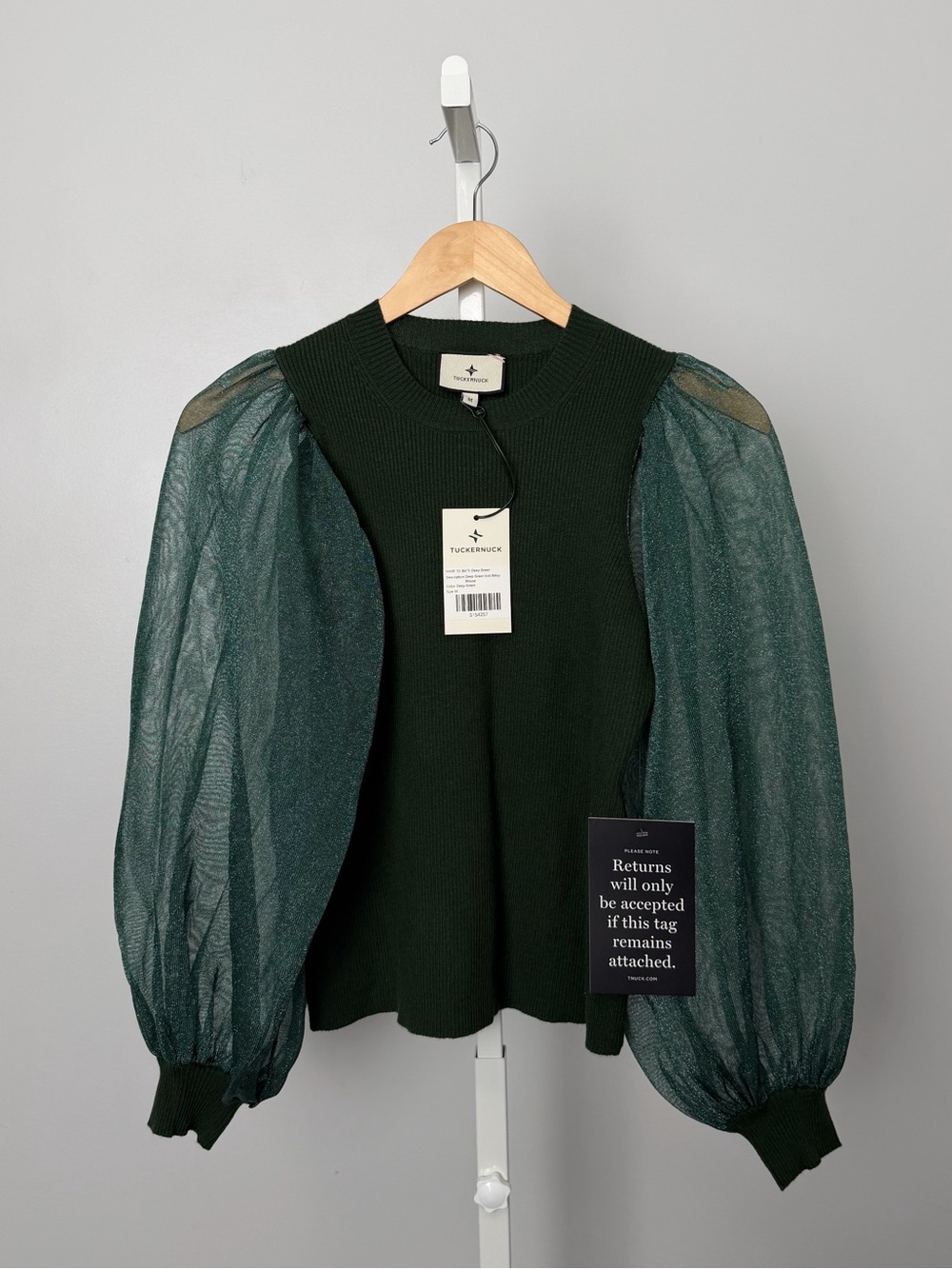 Tuckernuck Deep Green Knit Betsy Sheer Balloon Sleeve Blouse NWT M